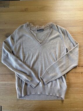 Worthington Cream V-Neck Sweater with Lace Trim